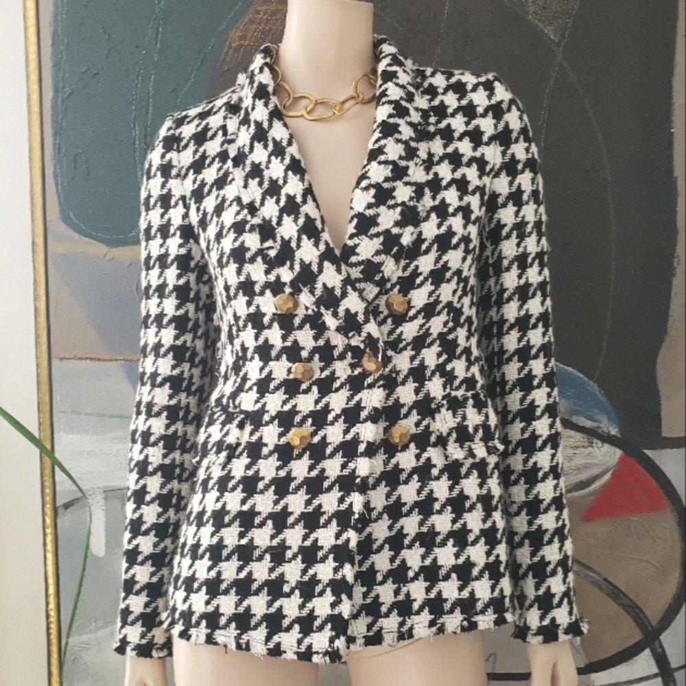 Zara | Houndstooth Tweed Blazer With Frayed Details